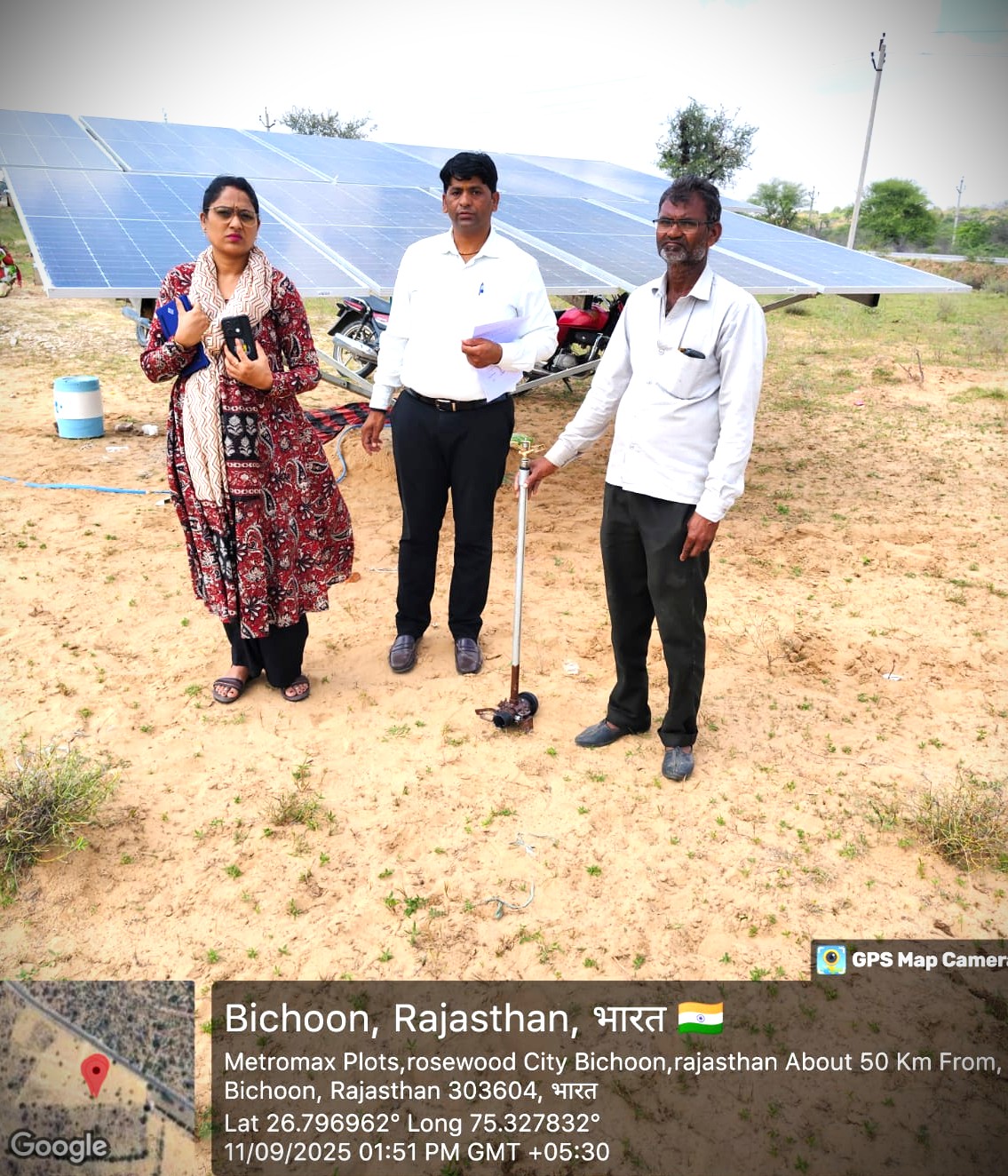 Farm solar installation with panels and project team